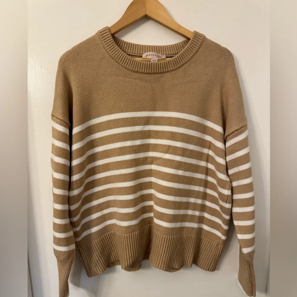 Philosophy camel and white striped crewneck sweater. - Picture 1 of 7